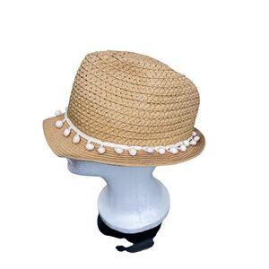 Chatties Tan Paper Fedora Sun Hat White Mini Pom Pom Band O/S